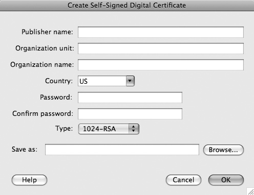 Create Self-Signed Digital Signature dialog box in Flash