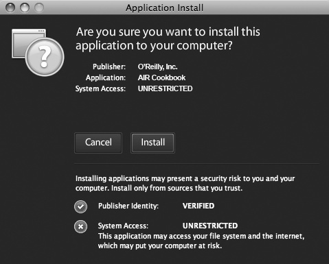 Installation dialog box with a commercial certificate
