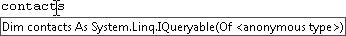 The DataTip in Visual Basic, which shows the new contacts variable to be an IQueryable(Of <anonymous type>)