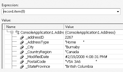 The first column of each DbDataRecord result, which contains an Address entity