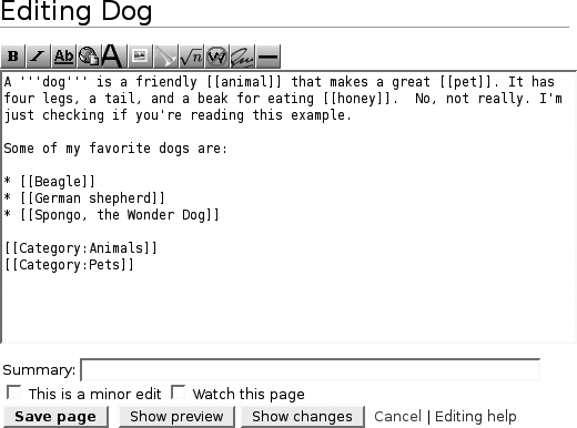 Edit page for the article “Dog”edit page