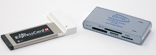 On the left is a CardBus card reader that can plug directly into a CardBus slot on a laptop. On the right is a card reader that plugs into a USB 2 slot. Note the huge number of card formats that it supports.