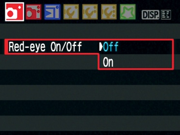 You can activate the built-in flash's red-eye reduction from the tools menu 1.