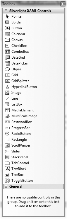 Silverlight controls shown in Visual Studio 2008