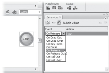 The easiest way to add a behavior is to select a frame or object (like the Stop button shown here), and then select Window → Behaviors. In the Behaviors panel, click the big + button to add a behavior to the selected object. For example, this Stop button can stop a video from playing. Point to Embedded Video on the drop-down menu, and then choose Stop from the next menu. To finish up, choose the event that triggers the behavior, like “On Release” (in other words, the end of the mouse-click).