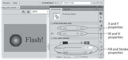 Select an object on the stage, and the Properties panel automatically displays the properties (characteristics) of that object. You can change most of the properties in this panel; when you do, Flash redisplays the object on the stage to reflect your changes. Here, looking at the details for a drawing object, you can change the position (X and Y properties), dimensions (W and H properties) and the colors (Fill and Stroke properties).
