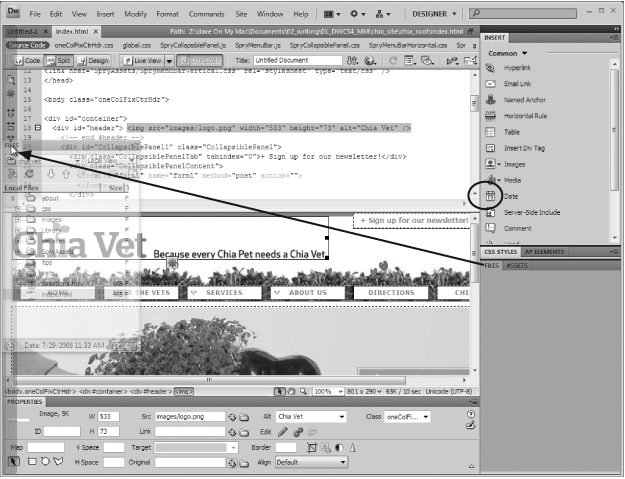 You can move individual tabs to other parts of the screen—you’re not limited to keeping all the tabs on the right side. In this figure, the Files panel is being dragged to the left edge of the screen. A ghosted version of the tab appears as you drag it around the screen. When you see a thick blue line on the screen’s edge, drop the tab to create a panel that takes up the entire edge of the screen. In other words, in this figure, dropping the Files panel tab creates a full-height column on the left edge composed entirely of the Files panel—the document window and Properties inspector move to the right to make room. This technique is particularly good if you have a very wide monitor, since it lets you display the Files panel (which often contains lots of files) by itself and at full screen height. (The “Collapse to Icons” button labeled here is discussed under “Iconic Panes” on .)