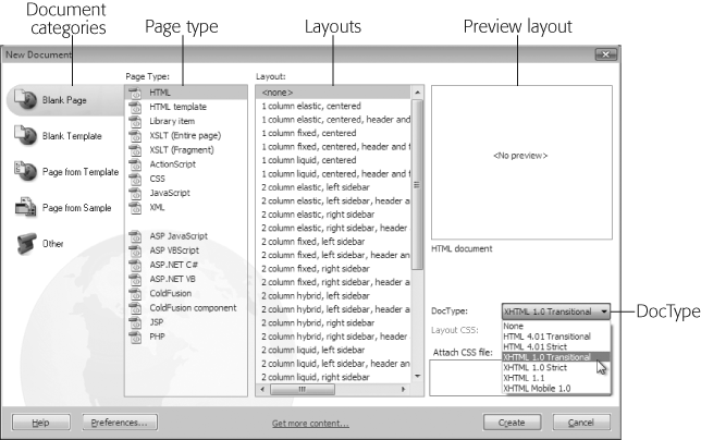 The New Document window lets you create nearly every Web document type under the sun. Dreamweaver CS4 also includes many prepackaged designs including lots of advanced page layouts using the latest Web design techniques. If you select one of those designs in the Layout list, then, in the upper-right corner of the window, you see a preview of the layout.