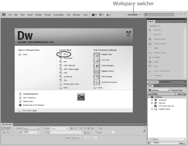 The Dreamweaver Welcome screen pictured in the middle of this figure lists recently opened files in the left column. Clicking one of the file names opens that file for editing. The middle column provides a quick way to create a new Web page or define a new site. In addition, you can access introductory videos and other getting-started materials from this screen. You see the Welcome screen only when no other Web files are open.