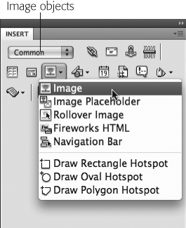 Some of the buttons on Dreamweaver CS4’s Insert panel do double duty as menus (the buttons with the small, black, down-pointing arrows). Once you select an option from the menu (in this case, the Image object), it becomes the button’s current setting. If you want to insert the same object again (in this case, an image), you don’t need to use the menu—just click the button.