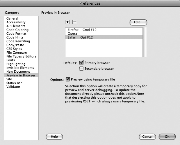 Dreamweaver can launch a Web browser and load a page in it so you can preview your design. One option—“Preview using temporary file”—comes in handy when working with Cascading Style Sheets, as described in the Note on .