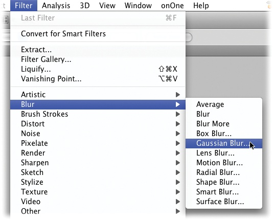 Choosing Filter → Blur → Gaussian Blur takes you to the menu item shown here.