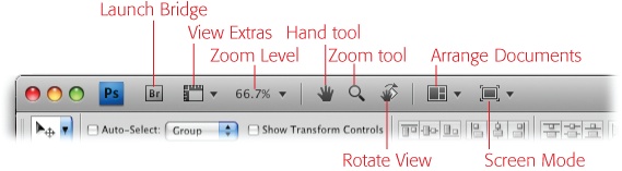 The new Application bar includes features like Rotate View (), Arrange Documents (), and Screen Mode (). It also makes some old tools easier to reach. For example, the extras (guides, grids, and rulers) used to be buried deep within menus, the zoom controls were stuck at the bottom of the document window, and the Hand and Zoom tools hung out at the far end of the Tools panel.