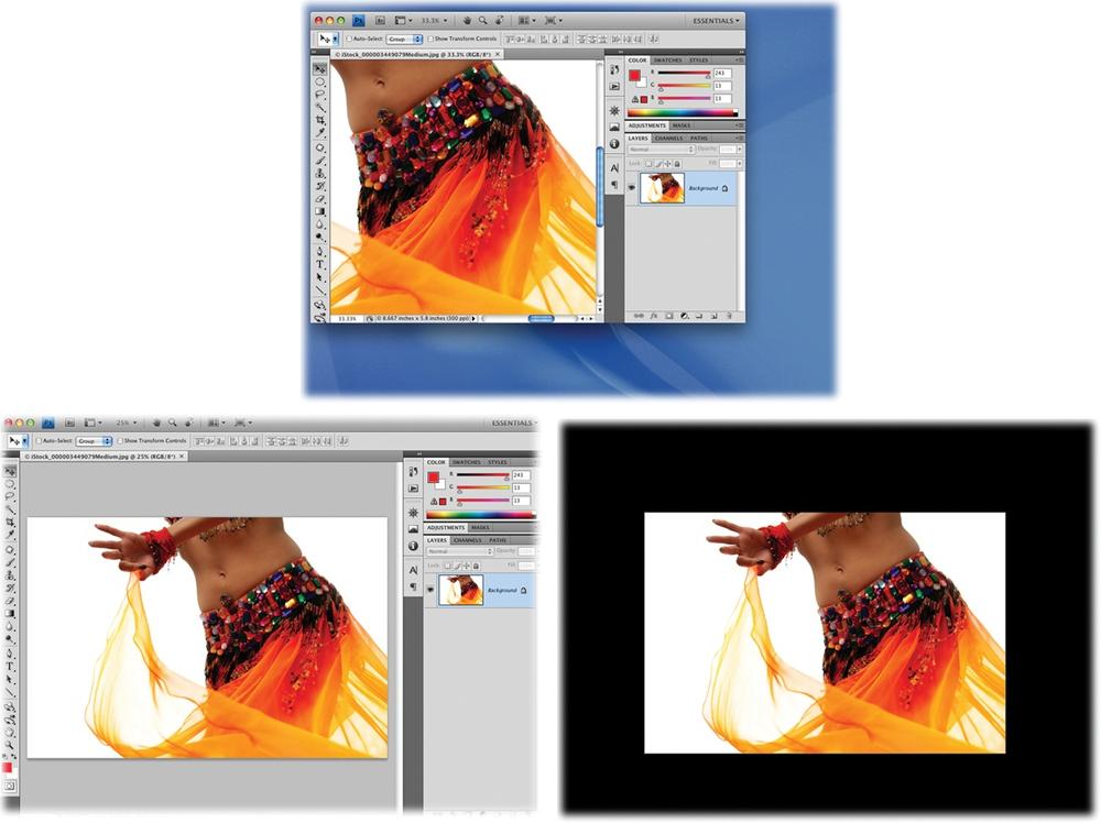 The many faces of Photoshop: Standard with Application Frame (top left); Full Screen With Menu Bar (bottom top right); Full Screen with menu bar and panels hidden (bottom left); and Full Screen (bottom right). You can edit images in any of the modes. Pressing the Tab key displays menus and panels if they’re hidden.