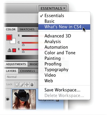 Most of the preset workspaces are designed to help you perform specialized tasks. For example, the Painting workspace puts the Brushes and Navigation panels at the top right and groups together the color-related panels you’ll undoubtedly use while you’re painting your masterpiece. Take the built-in workspaces for a test drive—they may give you customizing ideas you hadn’t thought of.