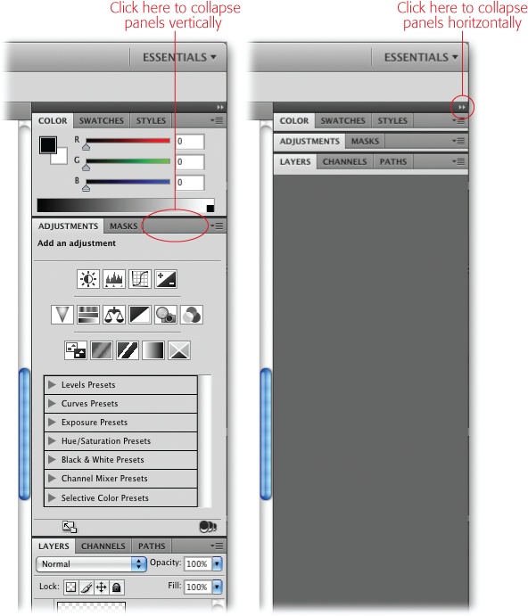 Here you can see the difference between expanded (left) and collapsed (right) panels. Click the medium gray bar at the top of a panel to collapse it vertically (circled on the left), rolling it up like a window shade. Click the bar again to expand it. You can also collapse them horizontally by clicking the double arrows at the top right of the panel (circled on the right).