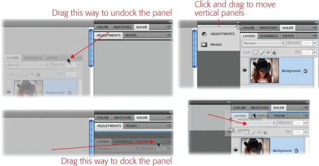 Left: To undock a panel or panel group, grab a free area to the right of the tabs at the top of the panel and drag it somewhere else on your screen. To dock it again, drag it to the right side of your screen—on top of the other panels. When you see a thin blue line appear where you want the panel or group to land, release your mouse button.Right: You can move vertically collapsed panels in the same way, but you grab them by the row of tiny dots that appears at the top (shown here).