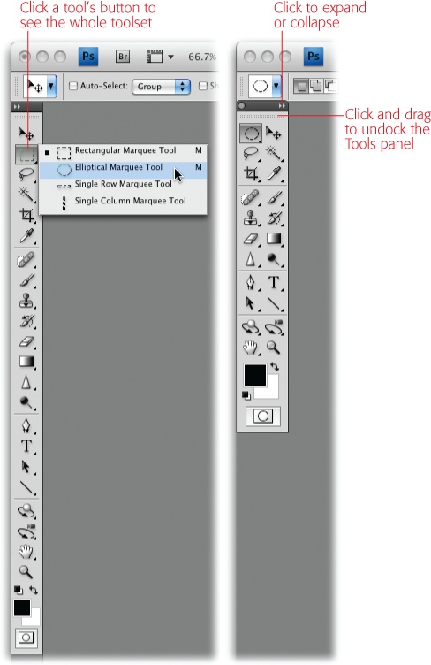 Click and hold any tool to expand its toolset. Photoshop starts you off with a one-column Tools panel, but you can collapse it into two columns by clicking the dark gray bar shown here (click it again to expand it back to one column). If you want to undock the Tools panel from the Application Frame (), grab the dotted bar labeled here and drag the panel wherever you want it.