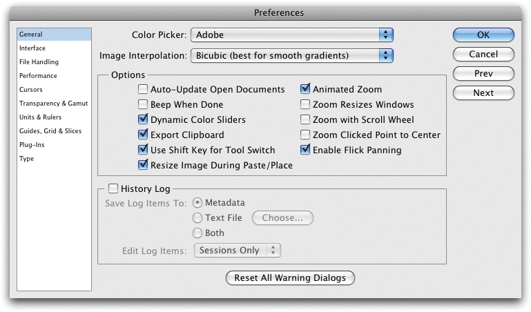 The General section of Photoshop’s Preferences dialog box is home to the History Log settings. If you turn on the History Log checkbox, Photoshop keeps track of everything that happens to your images. The History Log is an invaluable tool for folks who need to prove what they’ve done to an image for billing clients or to produce legal documentation of all the edits they’ve made to an image (think law enforcement professionals and criminal investigators).