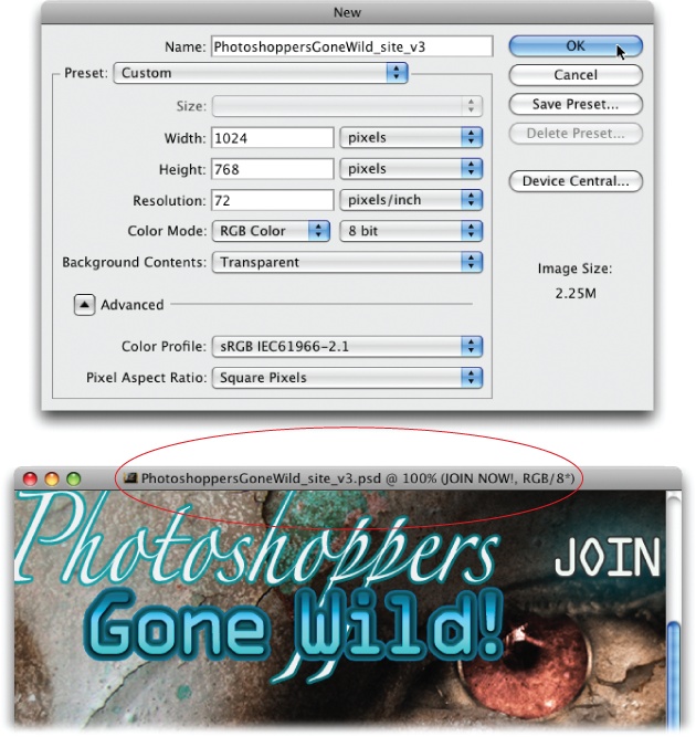 The New dialog box (top) is where life begins for any Photoshop file you create. The settings here let you pick, among other things, your document’s size, resolution, and color mode, all of which affect the quality and size of your image. You’ll learn more about all these options in the following pages. Whatever you type in the Name box appears in the document’s title bar (bottom).