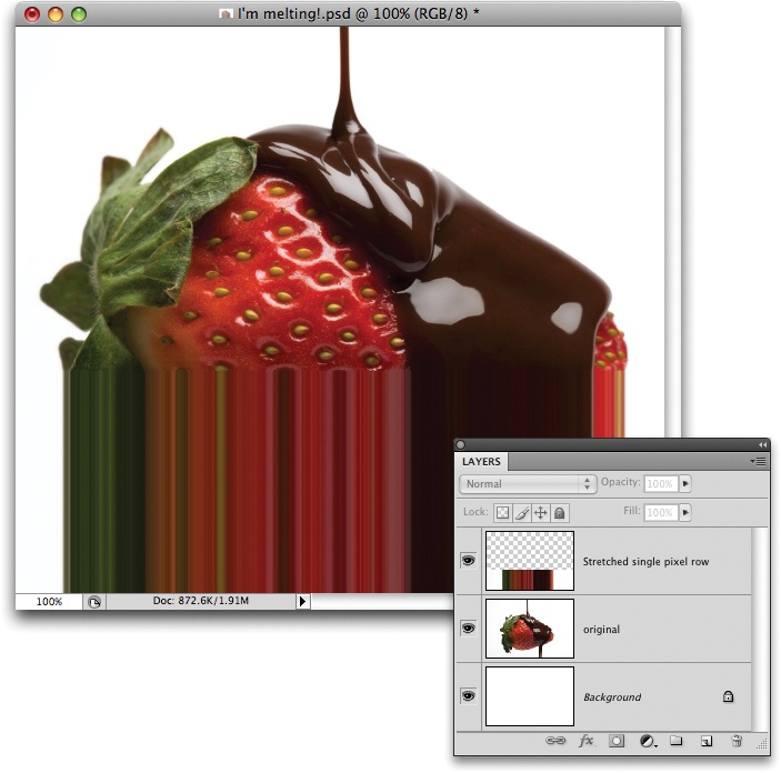 To achieve the melting strawberry look shown here, start by using the Single Row Marquee to select a row of pixels. Then “jump” the selection onto its own layer by pressing ⌘-J (Ctrl+J on a PC). Next, summon the Free Transform tool by pressing ⌘-T (Ctrl+T), and drag one of the square, white center handles downward.