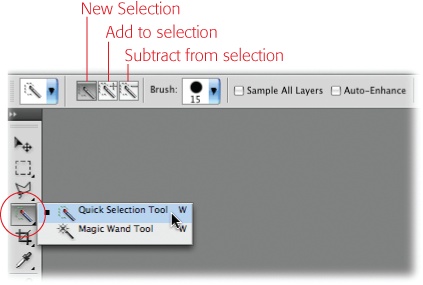 When you activate the Quick Selection tool, the Options bar sports buttons that let you create a new selection and add to or subtract from the current selection.