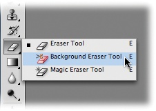You may never see these tools because they’re hidden inside the same toolset as the regular Eraser tool. Just click and hold the Eraser tool until the little pop-up menu appears. Pick an eraser based on how you want to use it: You drag to erase with the Background Eraser (as if you were painting, which is great for getting around the edges of an object), whereas you simply click with the Magic Eraser.