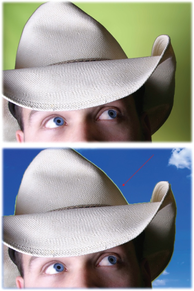 Here you can see the intrepid cowboy on his original green background (top) and on the new background (bottom). The green pixels stubbornly clinging to his hat are an edge halo.