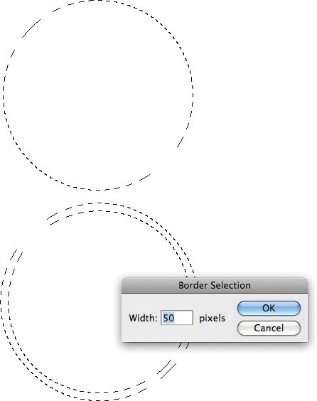 You can use the border option on selections of any shape, but if you border a circular selection (top), it turns into a ring as thick as the pixel width you enter (bottom).