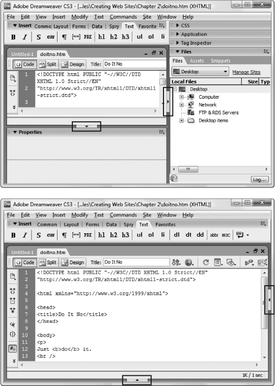 Top: Dreamweaver is packed with features, many of which sit at your fingertips in specialized panels, which latch on to the right side and bottom of the main window. In this figure, you see the view that appears automatically when you open Dreamweaver. Until you learn the basics, you might find it helpful to push this clutter out of the way by clicking the arrows circled here. You can also hide all panels at once by choosing View → Hide Panels. (Choose View → Show Panels when you’re psychologically ready for them to return.)Bottom: In this figure, the panels are hidden, giving you more room to work with in the main window.