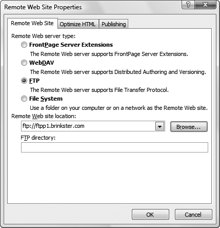 Your Web hosting company should tell you the exact choices to make in the Remote Web Site Properties dialog box. Typically, you need the name of your FTP server, the directory (folder name) that belongs to your Web site on the server, and your FTP account name and password. You only need to complete this form once. If you’re successful, Expression Web uses this information the next time you publish your Web site (though you’ll have to type in your password each time).