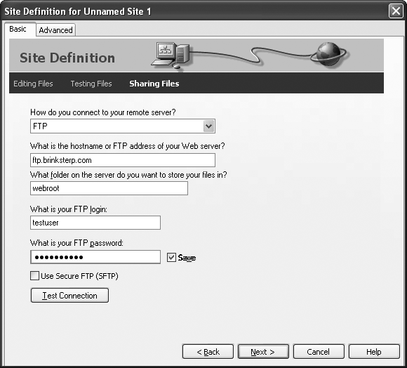In the “Sharing files” step of the Site Definition wizard, you choose how you want to transfer your files to the remote Web server that stores your Web site files. Usually, you send your files to a Web server using a communication method like FTP. However, if the Web server is part of a company network, you might be able to transfer your files just by copying them to the right folder on the network.