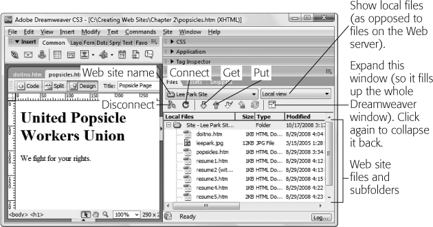 This example shows the local view of the Lee Park site. The local view lists all the files in the Web site folder on your computer. Using the icons in this window, you can quickly transfer files to and from the remote server.