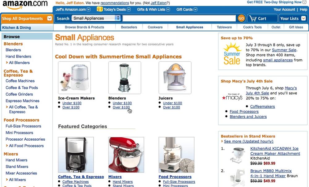 The Amazon.com website, displaying kitchen products