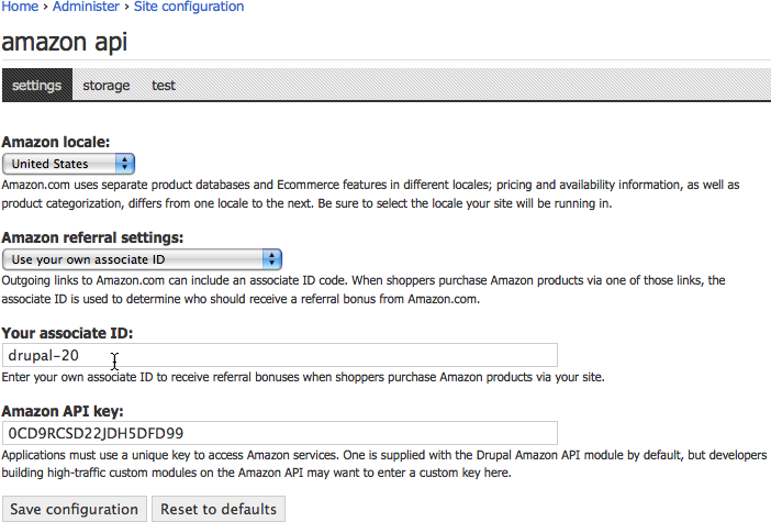 The Amazon module’s settings page