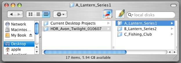 Nested inside the HDR_Avon_Twilight_010607 folder are three subfolders, A_Lantern_Series1, B_Lantern_Series2, and C_Fishing_Club.