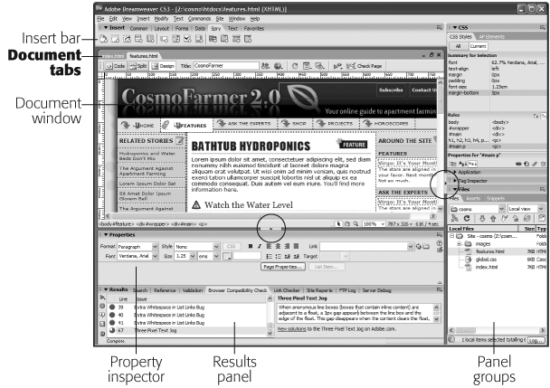 You can switch between open documents by clicking each file’s tab immediately above the Document toolbar. Here, clicking the features.html tab brings that page to the front. (This nifty feature works only if the document window is maximized.) You can also hide the panels in one fell swoop (either the stack of panels on the right edge of the window or the panels at the bottom left) by clicking either of the Hide Panels buttons (circled). To show the panels, click the button again.