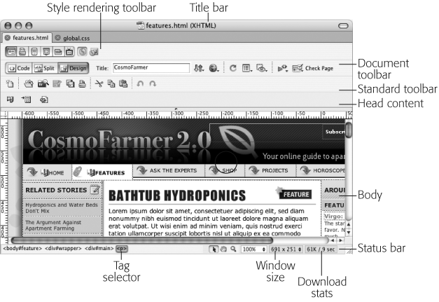 A document window like this represents each Web page; here’s where you add text, graphics, and other objects as you build a page. You can also title the page, preview it in a Web browser, and take other useful actions using the Document toolbar.