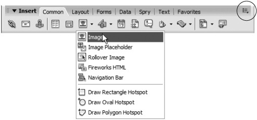 Toolbar buttons are grouped into seven tabs (Common, Layout, and so on). If you preferred the space-saving drop-down menu of Dreamweaver 8, click the panel menu (circled) and select “Show as Menu” To return to the tabbed style, select “Show as Tabs” from the drop-down menu (which appears if you’ve selected the “Show as Menu” option from the panel manu).