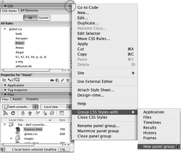 To open a panel, click the arrow next to the panel group name (Application or Files, for example). Clicking a tab brings the corresponding panel forward. Each panel group has its own Context menu icon (circled). Clicking the button reveals a shortcut menu that lets you work with features specific to that panel. This menu also offers generic panel actions, such as moving a panel to another group, creating a new panel group, renaming a group, or completely hiding a group of panels.