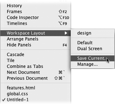 The Mac version of Dreamweaver (shown here) has a default and dual-screen layout. Dual screen layout, which is also available on Windows, puts all the panels onto a second monitor while leaving the first monitor for just Web page documents, the Insert bar, and the Property inspector.