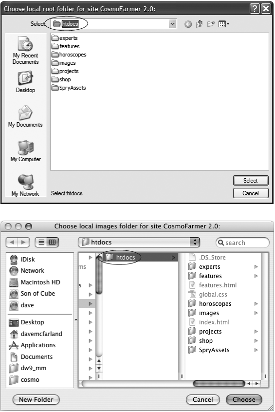 When it comes to selecting a local root folder, the Windows and Mac versions of Dreamweaver differ slightly.Top: In Windows, the folder name appears in the Select field at the top of the Choose Local Folder window (circled). Click Select to define it as the local root.Bottom: On a Mac, highlight a folder in the list in the middle of the window (circled) and then click Choose to set it as the local root folder.