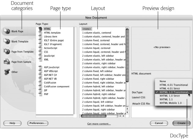The New Document window lets you create nearly every Web document type under the sun. Dreamweaver CS3 also includes many prepackaged designs including lots of advanced page layouts using the latest Web design techniques. If you select one of those designs in the design list, you’ll see a preview of the layout in the upper-right corner of the window.