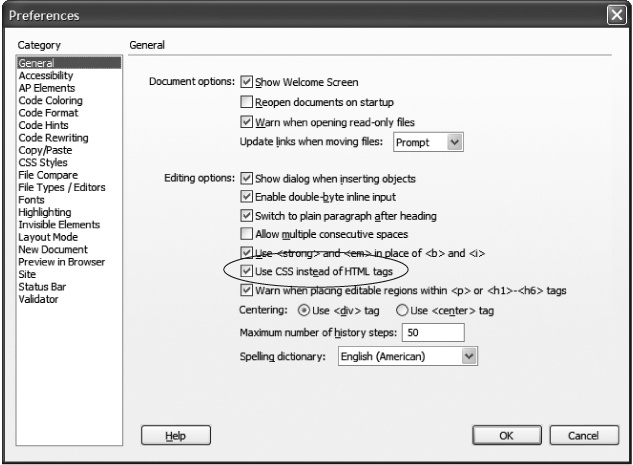 Dreamweaver’s Preferences dialog box is a smorgasbord of choices that lets you customize the program to work and look the way you want. In this step, you’ll make sure Dreamweaver uses Cascading Style Sheets code for formatting your page by turning on the “Use CSS instead of HTML tags” checkbox (circled).