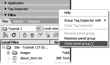 Right-clicking (Control-clicking on a Mac) to the right of the name of a panel group opens a pop-up menu that lets you close or even rename the panel group.