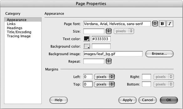 The Page Properties dialog box lets you set general properties of Web pages, like the color of text and links. Clicking a color box opens the color selector, where you can choose from the palette or use the eyedropper to sample a color from anywhere in your document window (see the box on ).