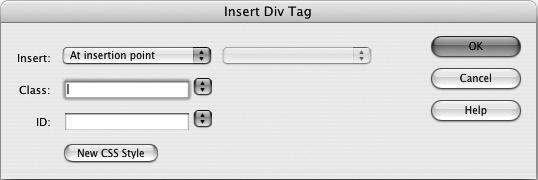 The Insert Div Tag window provides an easy way to divide sections of a Web page into groups of related HTML—like the elements that make up a banner, for example. You’ll learn about all the different functions of this window on .