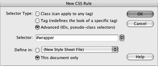 Creating a new CSS style takes several steps, all beginning with the New CSS Rule window. covers all the settings for this window in detail.
