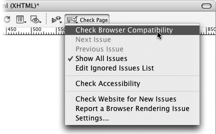 The Check Page menu lets you examine a page and see how compatible the page’s HTML and CSS are with a variety of Web browsers. To change the browsers Dreamweaver uses for its analysis, select the Settings option. A window listing the most common browsers appears, from which you specify the earliest version of the browser you wish to check against. For example, if you don’t worry about Internet Explorer 5 any longer, choose 6 from the menu. Now Dreamweaver will check only for problems that occur in version 6 or later.