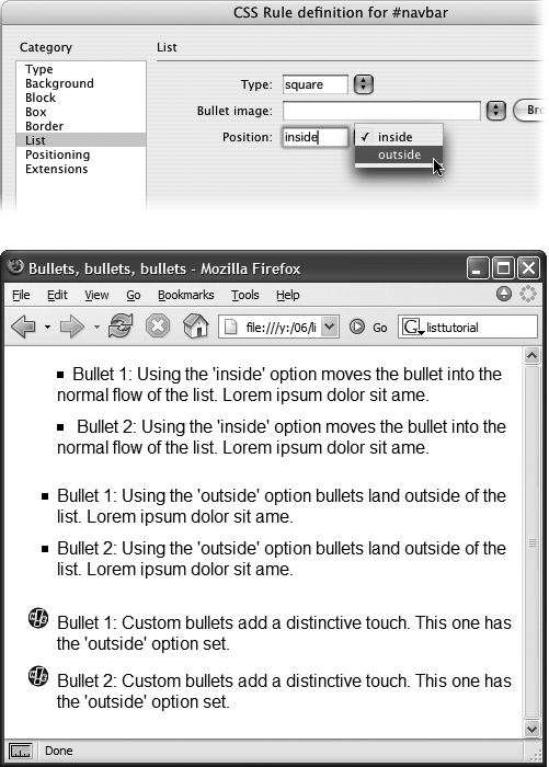 Top: Take control of your bulleted and numbered lists using the CSS Rule Definition window’s List panel. With Cascading Style Sheets, you can even supply your own graphic bullets.Bottom: A bullet-crazed Web page, for illustration purposes. Parading down the screen, you can see “inside” bullets, “outside” bullets, and bullets made from graphics.